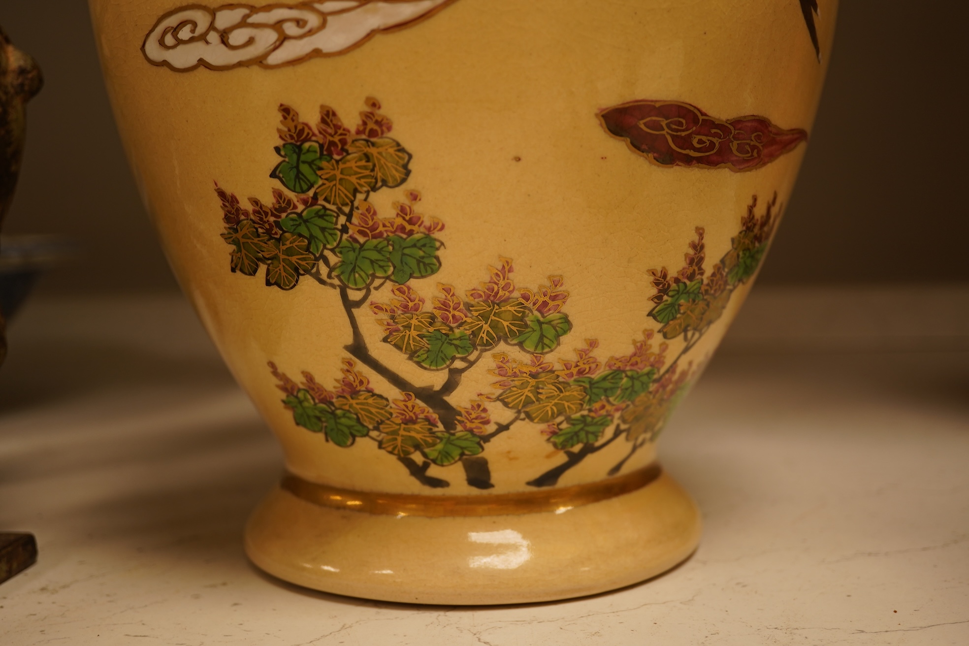 A pair of Chinese bronze horses, a Japanese Satsuma bowl and similar vase, vase 33cm high.